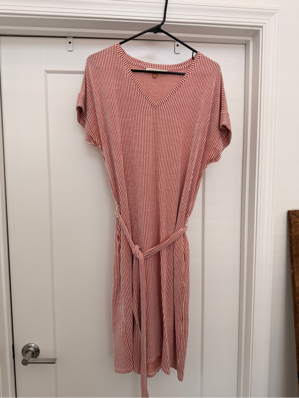 DownEast Striped V‑Neck Belted Midi Dress - Pink & White